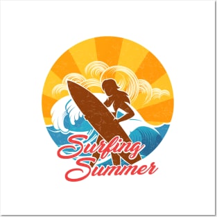 Surfer Girl Silhouette Retro Design Posters and Art